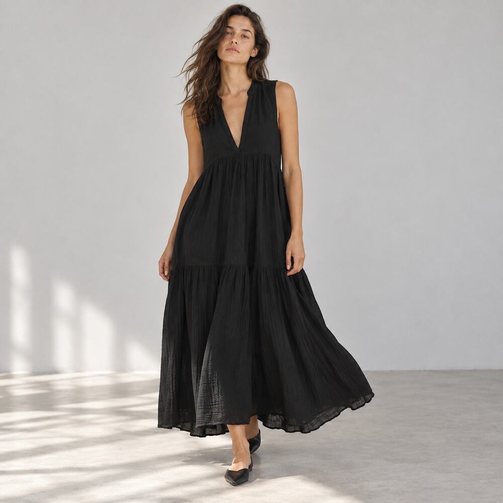 Celandine Kallie 100% Cotton Gauze Midi Textured Dress Size L Black Sleeveless